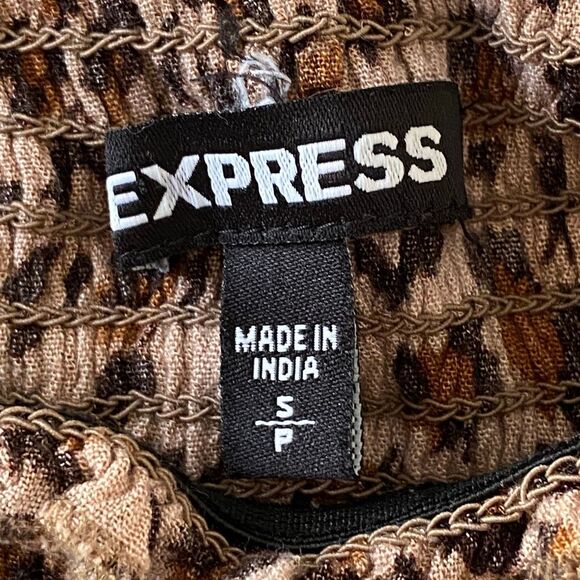 Express Leopard Print Dress Small Smocked Puff Sleeve Fit & Flare Brown Animal P - Picture 3 of 7